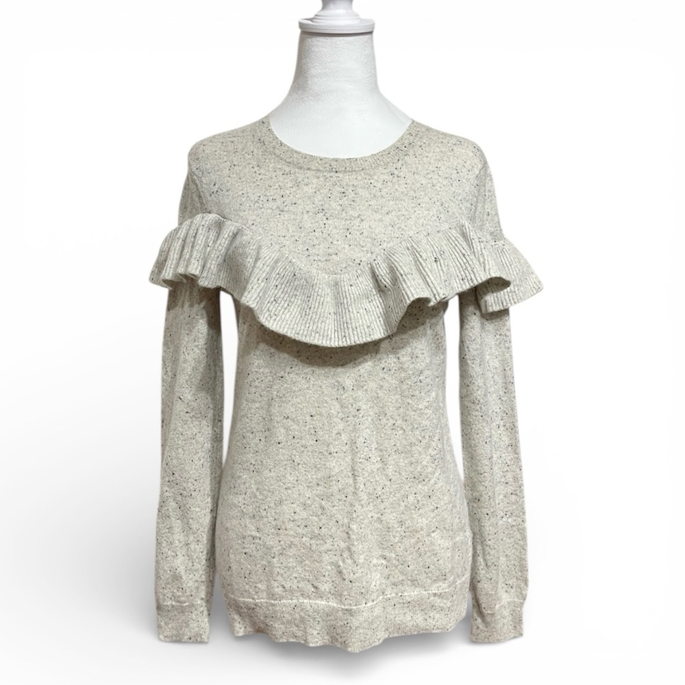 Antonio Melani 100% Cashmere Crew-Neck Giselle Ruffle Sweater Sz M Gray Donegal
